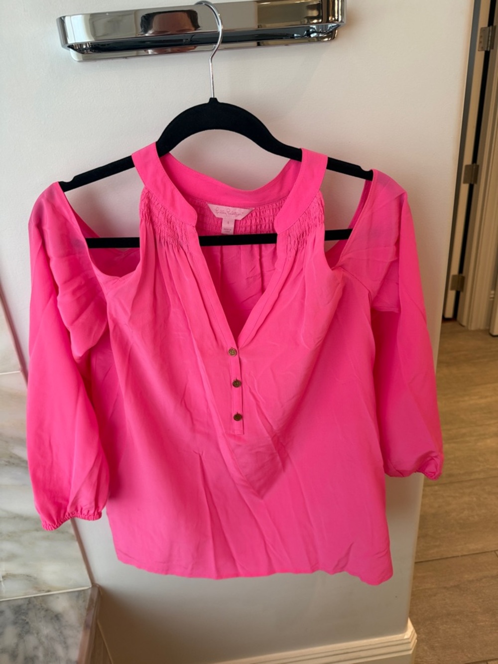 Lilly Pulitzer Hot Pink Cold-Shoulder Henley Blouse